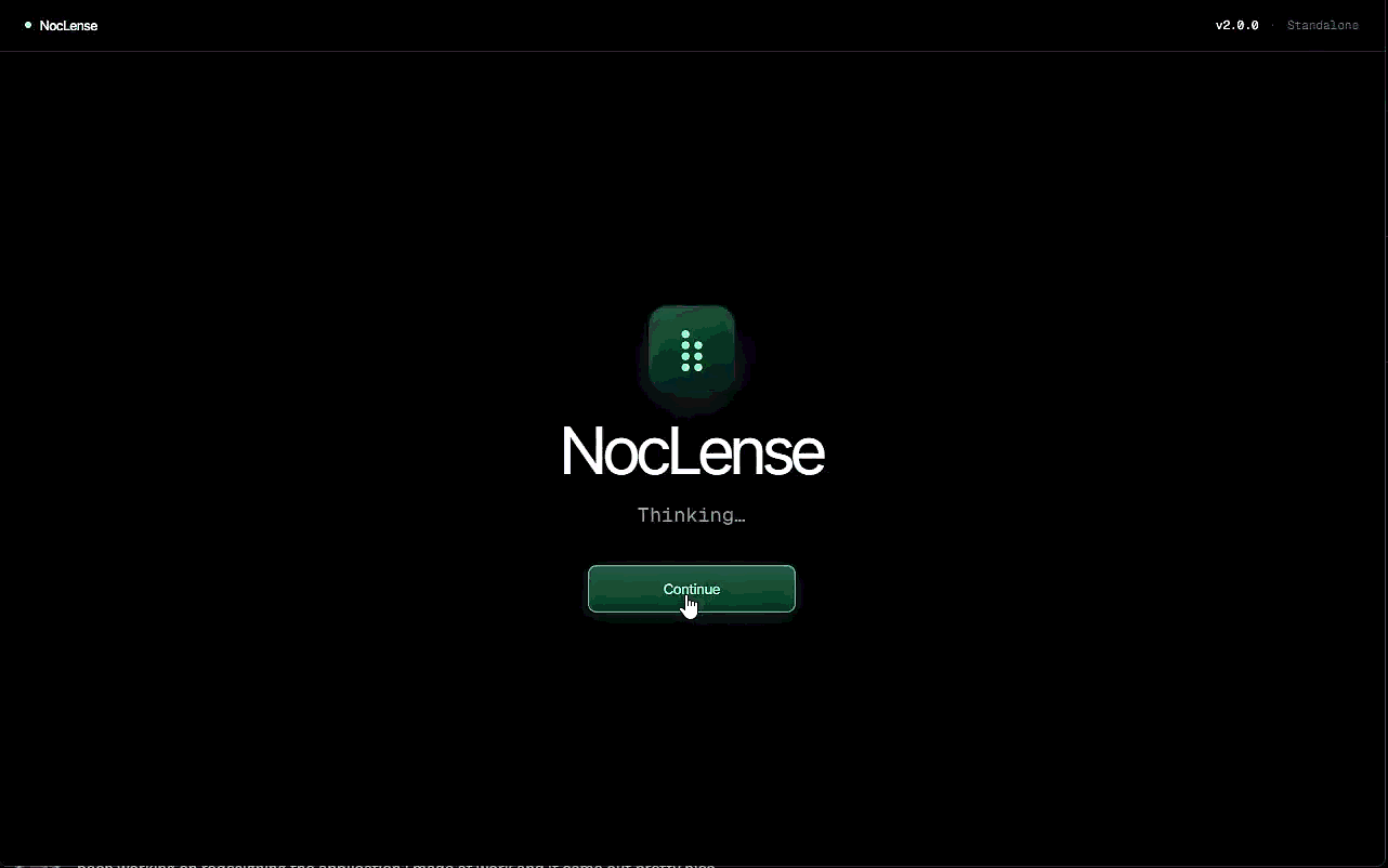 Animated capture of the NocLense desktop app opening to its start screen.